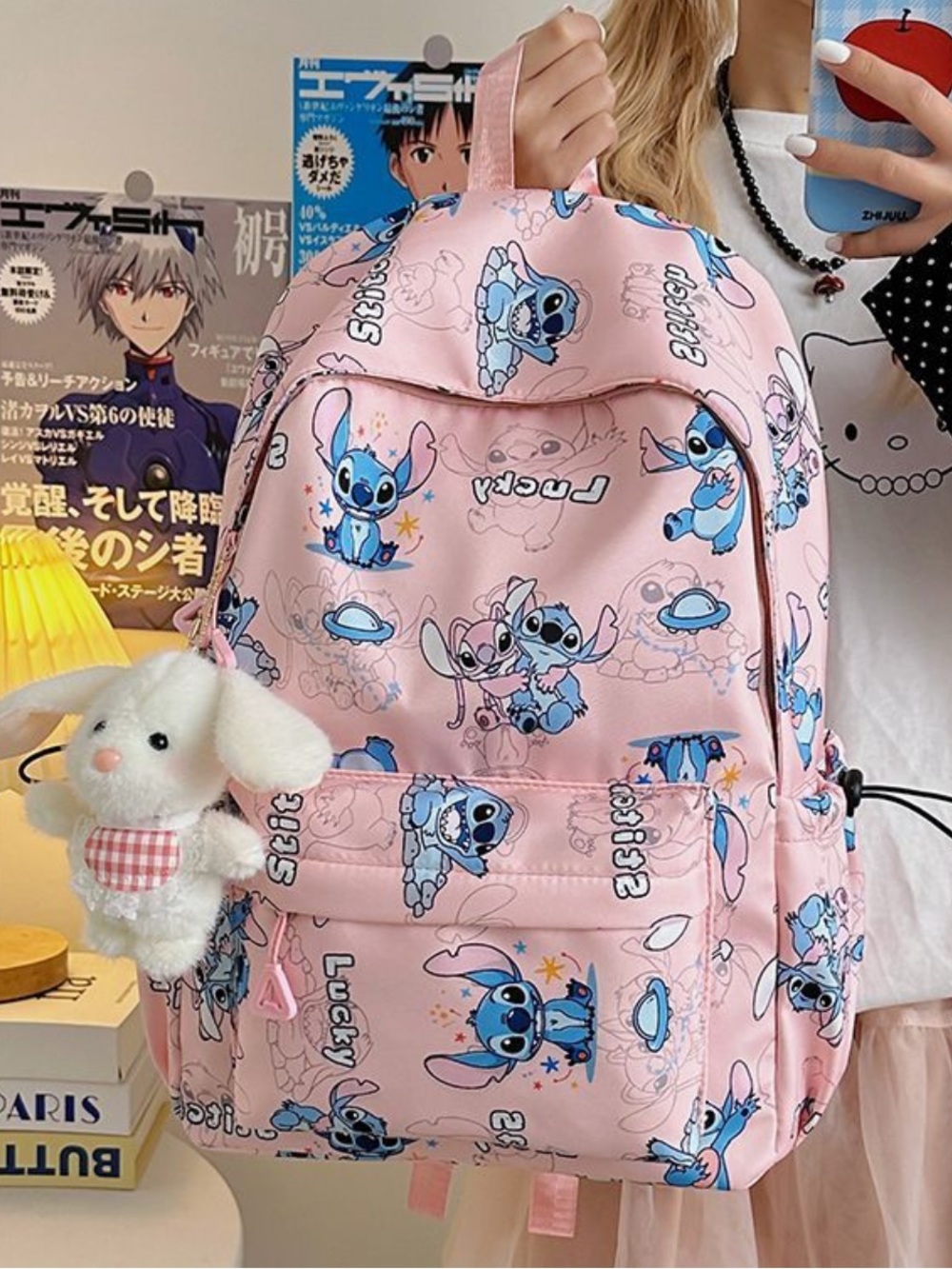Pink Kids Backpack with Stitch Character Print